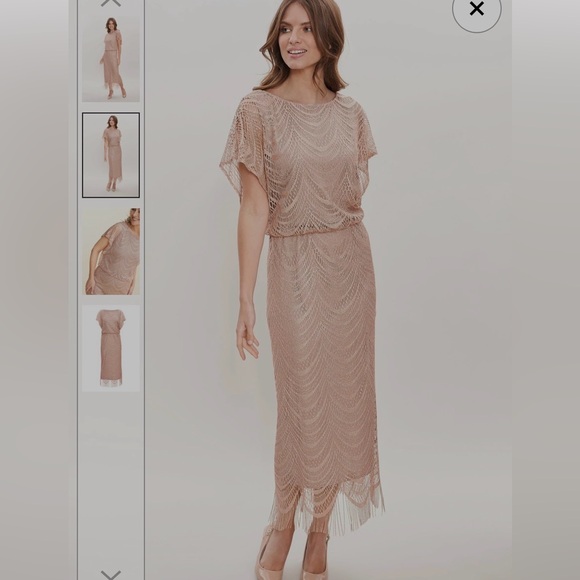 NWOT S.L. Fashions Women's Metallic Crochet Dress with Fringe Hemline. Size 8 - Picture 8 of 11